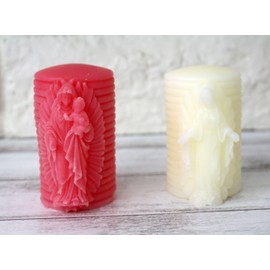 2pc Elegant Ivory Pink Our Lady Guadalupe Jesus in Arms Virgen de Baptism Communion Confirmation Cirio Paschal Easter Lent Single Gift Favor Devotional Candle Display Home Office (Pink)