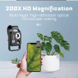 200X Phone Mini Pocket Microscope with LED Light, CPL Lens Cell Phone Pocket Microscope, Portable Digital Microscope Camera with Universal Clip, for Kids Students Microbiology Observation(Black)