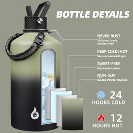 BJPKPK 1 Gallon Water Bottle with Straw Lid, 50oz, 64oz, 87oz, 128oz Large, Stainless Steel Water Bottles with 3 Lids and Paracord Handle, Double Wall Vacuum Metal Water Jug, Camp Green & Black