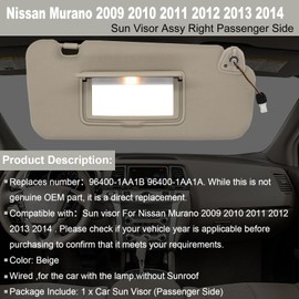 NHILES Right Passenger Side Sun Visor Fits for Nissan Murano 2009 2010 2011 2012 2013 2014 Replacement Sun Shade # 96401-1AA1B (Beige)