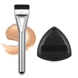 Flat Foundation Brush with Puff, Beautyfactor Ultral Thin Spatula Makeup Brush with Sponge for Liquid Makeup | Fast Flawless Korean Kabuki Brushes for Blending, Liquid, Cream, Blush, Buffing （Silver）