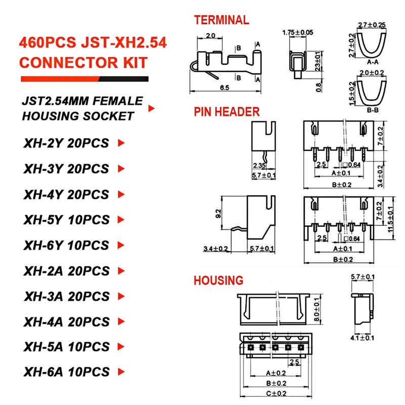 Kit de conectores JST XH2.54 de 460 unidades, 2/3/4/5/6 pines