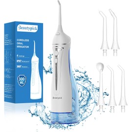 Water Dental Flosser Teeth Pick: Portable Cordless Oral Irrigator 300ML Rechargeable Travel Irrigation Cleaner Beautypick IPX7 Waterproof Electric Flossing Machine for Teeth Cleaning White