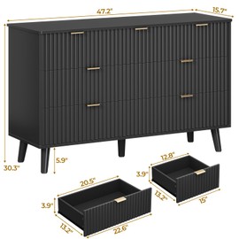 VIAGDO Fluted Dresser for Bedroom with 7 Drawers, 47.2'' Wide Mid Century Modern Fluted Dressers & Chests of Drawers with Gold Metal Handles, Black Organizer Storage Cabinet for Closet, Entryway