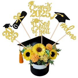 12 PCS 2025 Graduation Centerpiece Sticks Diploma Done Congrats 2025 Table Flower Centerpieces Grad Cap So Proud of You Class of 2025 Floral Decorations for 2025 Graduation Theme Party Supplies Gold
