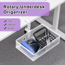 DramLan Desk Organiser, 360°Rotating Hidden Under Desk Drawer,Clamp-on Style Desk Tidy Organiser, Large Capacity Under Desk Storage For Home And Office (White style 2)