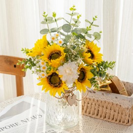 Fake Flowers with Vase - Silk Artificial Sunflower and White Dahlia Arrangement in Vase Suitable for Home Spring Decor Office Decoration, Dining Coffee Table Centerpiece Kitchen Bathroom