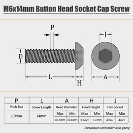 M6 14mm Button Head Screws and Bolts,M6-1.0×14mm Socket Cap Bolt,M6 Stainless Steel Screw, Allen Hex Drive,Bright Finish,Fully Machine Thread,Coarse Thread UNC,50Pc