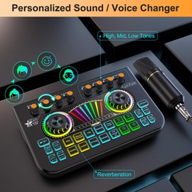 Podcast Microphone Bundle with Live Sound Card Audio Mixer, Podcast Equipment Bundle with 3.5mm Condenser Microphone for Pc/Phone Live Streaming Singing Gaming, Sound Board with Voice Changer, Denoise