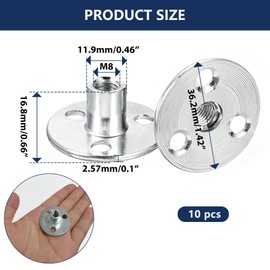 10Pcs M8 x 37mm (Base) x 17mm (Height) T Nuts for Wood, Zinc Plated Carbon Steel Round Base Tee Nut with Brad Holes, Heavy Duty Screw in T Nut for Furniture, Cabinet, Bed Legs Mounting & Climbing Hold
