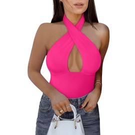 REORIA Women's Sexy Criss Cross Halter Neck Sleeveless Party Club Night Going Out Thong Bodysuits Tops Neon Rose Red X-Large