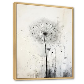 DesignQ Dandelion Oversized Brown Framed Wall art decor, Dandelion Wall Art, Minimalist White Dandelion, Black Canvas wall art, 16x32 inches