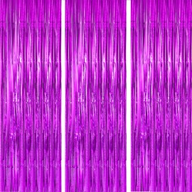 3 Pack 3.3x8.2 Feet Foil Fringe Curtains, Purple Tinsel Streamers Backdrop Curtains for Birthday Party Decorations Photo Booth Props Baby Shower Bachelorette Graduation Engagement Gender Reveal