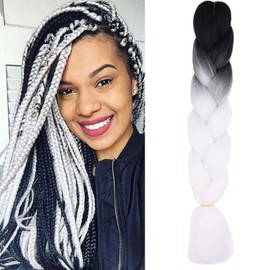 Jumbo Braiding Hair Pieces 1 Bundle 24inch Jumbo Braids Hair Extensions Kanekalon Crochet Twist Hair Synthetic High Temperature Fiber Afro Box (Black&Pure White)
