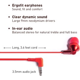 Panasonic ErgoFit Wired Earbuds, in-Ear Headphones with Dynamic Crystal-Clear Sound and Ergonomic Custom-Fit Earpieces (S/M/L), 3.5mm Jack for Phones and Laptops, No Mic - RP-HJE120-RA (Metallic Red)