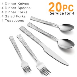 20-Piece Silverware Set, HaWare Stainless Steel Flatware Set for 4, Hammered Eating Utensils Tableware Cutlery Set for Kitchen Hotel Restaurant Party, Mirror Polished - Dishwasher Safe