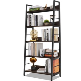 Himimi Industrial Ladder Shelf, Rustic 5 Tier Leaning Bookshelf, Wood Metal Ladder Bookcase, Plant Flower Stand Rack Book Storage Shelves for Living Room, Bedroom, Home Office