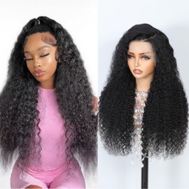 Gulenme Deep Wave Lace Front Wigs Human Hair 13x6 HD Pre Plucked curly wig 200 Density Deep Wave Curly Glueless Frontal Wigs for woman Human Hair （22 inch,Natural Black）