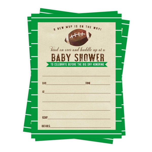 Huddle Up Baby Shower Invitations and Envelopes (25 Pack) Football - Boys Sports Party Supplies - Fill-in Blank Card Set DIY – Brown Green