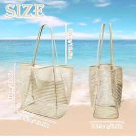 JYJLLM Large Capacity Mesh Beach Bag for Women - Breathable Openwork Tote with Zip Pocket, Waterproof Foldable Design for UK Summer Travel, Picnic, Grocery & Reusable Shopping (Beige)