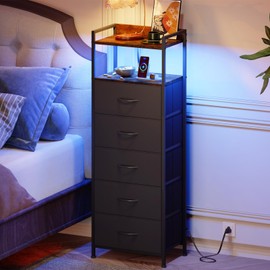Somdot Black Nightstand with Charging Station and LED Light for Bedroom, Tall 5 Drawers Dresser with Fabric Bins for Bedside Kids Dorm Room Closet Laundry Entryway, Black Rustic Brown