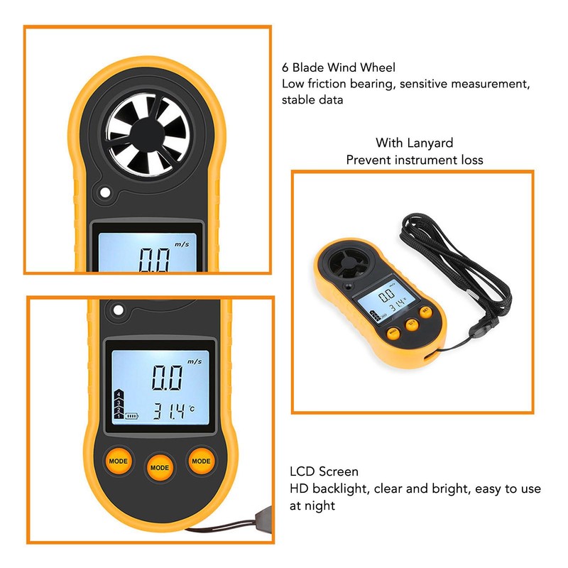 Digital Anemometer LCD Screen Handheld Wind Speed Meter Wind Temperature