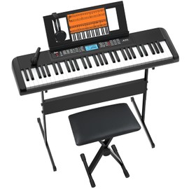 61 Key Keyboard Piano, Portable Electric Piano Keyboard w/LCD Screen, Built-In Speakers, Headphones, Stand, Stool, Music Rest, Microphone, 300 Timbres, 300 Rhythms