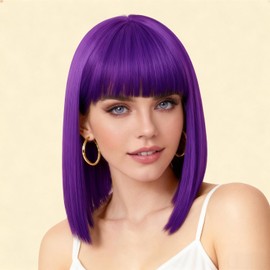 siswin Purple Short Straight Bob Wig with Bangs for Women(12inch,Purple)