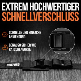 CLIFFORD Safety lashing strap, extra wide, 38 mm, pressure-distributing lashing strap according to EN12195-2, 400 kg LC / 800 kg breaking load, professional fastening strap for motorcycle, roof box, SUP, timber, transport