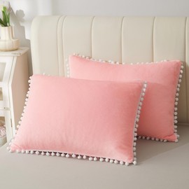 LIFEREVO Luxury Pompoms Velvet Bed Pillowcases Set of 2, Boho Fringe Plush Flannel Long Throw Pillow Covers, Cute Bedding Pillow Cases Pillow Shams with Zipper Closure for Home Decor(Pink, King Size)