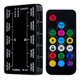 Vetroo 20-Port Case Fan Hub with Remote, SATA Power 10-Port 4-Pin PWM Fan Speed and 10-Port 3-Pin ARGB Lighting Controller - Black