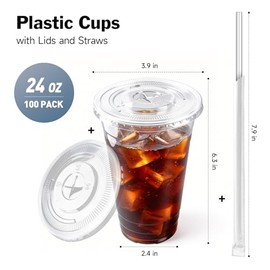 100-Pack 24 oz Cups with Lids and Straws, Disposable Plastic Cups with Lids - BPA-free, Perfect for Iced Coffee, Frappes, Milkshakes & Juice, Ideal for Home, Office & Parties
