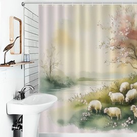 DIPQIMI Casual River Animal Sheep Shower Curtain, Tree Floral Bathroom Decor Washable Shower Curtain Set with Hooks, 72x72 inch