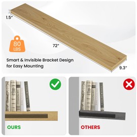 FLYJOE Floating Shelves for Wall, 72"W x 9.3"D x 1.5"H, Long Wooden Wall Mounted Display Shelves with Invisible Brackets for Living Room, Bedroom, Bathroom, Kitchen Decor and Storage, Set of 1, Oak