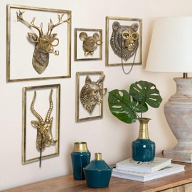 Animal Heads Wall Decor Resin Animals Sculptures Head Wall Hanging Decoration Gold vintage Wall Sculpture for Living Room Bedroom Office(5pcs,Includes Metal Frame)