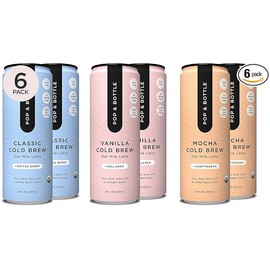 Pop & Bottle, Oat Milk Lattes - Cold Brew, Maca, Antioxidants, Ashwagandha, MCT Oil, Collagen, Organic, Diary Free, Gluten Free, Lightly Sweetened with Dates - Variety, 8 Fl Oz (6 Pack)