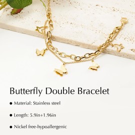Double Butterfly Bracelet for Women, 18k Gold Plated Butterfly Bracelet Adjustable Dainty Gold Plated Bracelet Stack Stainless Steel, Birthday Valentines Day Gifts for Women