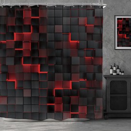 Riyidecor Black Red Wall Shower Curtain 72Wx72H Inch Abstract Brick Modern 3D Gradient Design Futuristic Geometric Plaid Cubes Man Boys Cool Bathroom Decor Fabric Polyester Waterproof 12 Pack Hooks