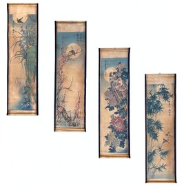 Wall Scroll Hanging Painting Decor, Chinese Traditional Art Set of 4 Vintage Flower Paintings Ancient Painting Replica, Plum Orchid Bamboo Chrysanthemum