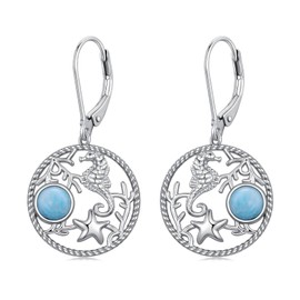 POPLYKE Seahorse Earrings for Women Sterling Silver Larimar Circle Leverback Earrings Starfish Beach Jewerly Gifts for Girls, Sterling Silver