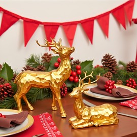 Reindeer Christmas Decoration, 2PCS Deer Christmas Decor, Reindeer Figurines for Christmas Decor, Small Decorative Deer Figurines for Indoor Christmas Table Mantle Decorations (Facets Golden)