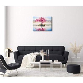 Cherry Blossom Sakura Tree on The Lake Oil Painting Landscape Flower Botanical Wall Art Gallery Wrapped Canvas Prints for Home, Office Decoration