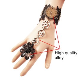 Daimay Bronzing Fingerless Gloves Gothic Floral Lace Steampunk Wristband Ring Vintage Beaded Gloves Bridal Bracelet Ring Set - 1 Pair –Gear flower