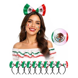 Set De 10 Diademas Con Moño De Bandera De México Para Fiesta