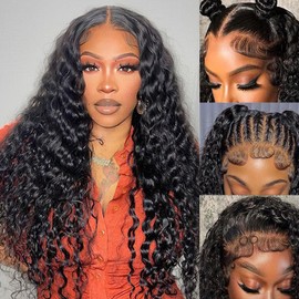 DZFAYESM 13x4 Deep Wave Lace Front Wigs Human Hair 200% Density Black Curly Human Hair Wig Long Natural Wigs for Black Women Transparent Lace Frontal Wig for Daily Wear 26 Inch