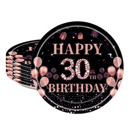 16pcs Black Rose Gold 30th Birthday Paper Plates 7inch 30th Party Table Decor,30th Women Birthday Party Paper Plates 7" Tableware,Happy 30th Birthday Tableware Plate for Her,Women,30th Party Supplies