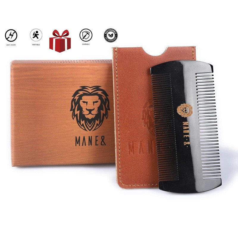 Premium 100% Oxhorn Dual-Action Beard Comb with Genuine Leather Case