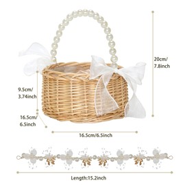 2 Set Wicker Flower Girl Basket & Headpiece, Willow Handwoven Basket with Pearl Handle and Bow Fairy Flower Basket,Wedding Flower Girl Hair Accessory Pearl Headband for Women