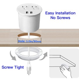 Ojal de Alimentación de Escritorio con USB Regleta Multicontacto Extension Electrica Tira de Alimentación Montable Toma de Corriente de Escritorio por Encimera Sofá Gabinete Conferencia (Blanco)
