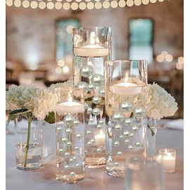 150 Floating White Pearls-Shiny-Jumbo Sizes-Fills 2 Gallons of Floating Pearls & the Transparent Gels for Vases-With Exclusive Measured Floating Gels Prep Bags+6 White Submersible Fairy Lights Strings